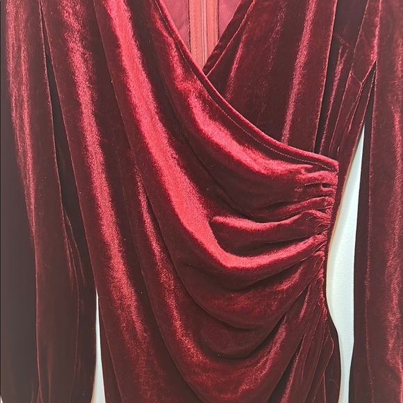 Red Ruched Wrap Sheath Dress with Long Bishop Sleeves for Cocktail - Picture 9 of 10